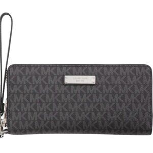 Michael Kors Jet Set Continental Wallet Signature Black Grey Handle Zip Leather
